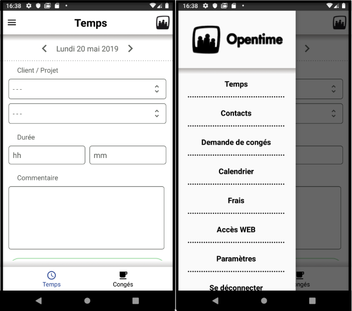 menu déroulant et saisie les temps sur l'application mobile Opentime